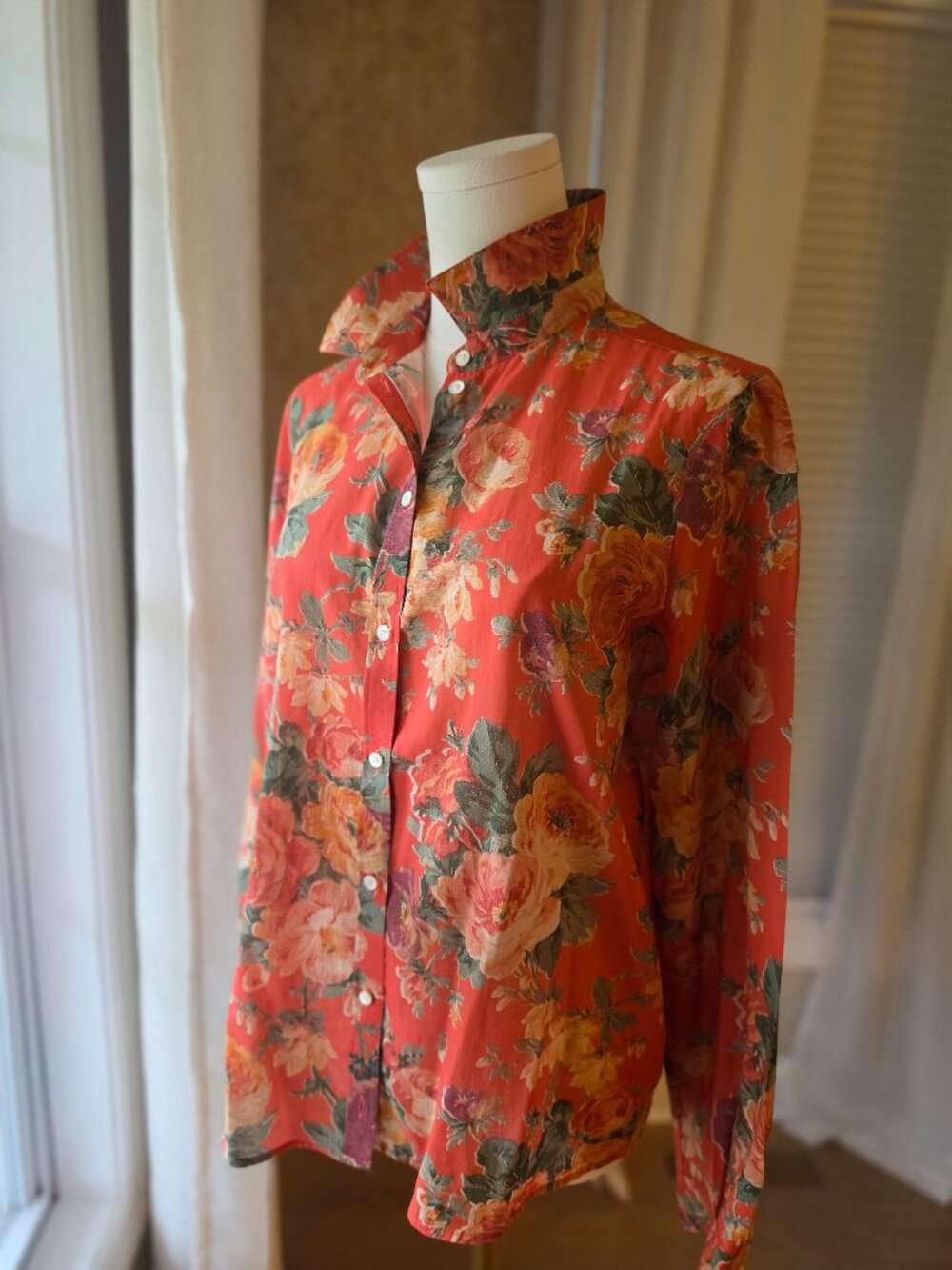 Sézane Pierre Shirt – Coral orange with multicolor floral print FR 34 / US 2